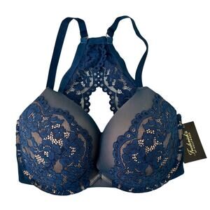 Fredericks of Hollywood Pola Bra 36F Halter Back Push Up Lace Plunge Blue Sexy